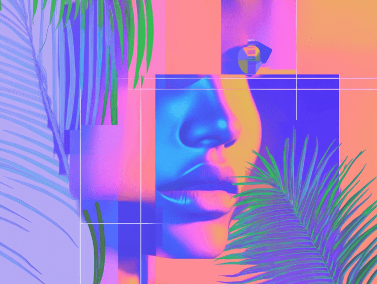 Abstract neon artwork with face and palm leaves.