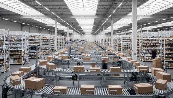 E-commerce social media management - modern fulfillment center with branded packaging