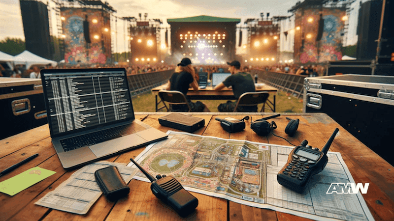 Music industry professional working on music festival management: behind the scenes