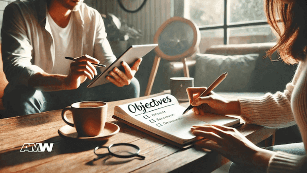People planning objectives at coffee table