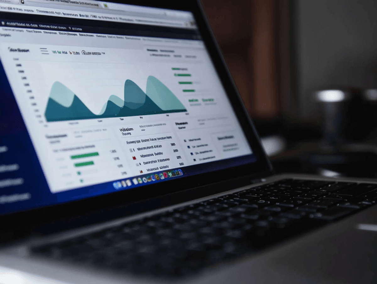 Laptop displaying data analytics dashboard with graphs.