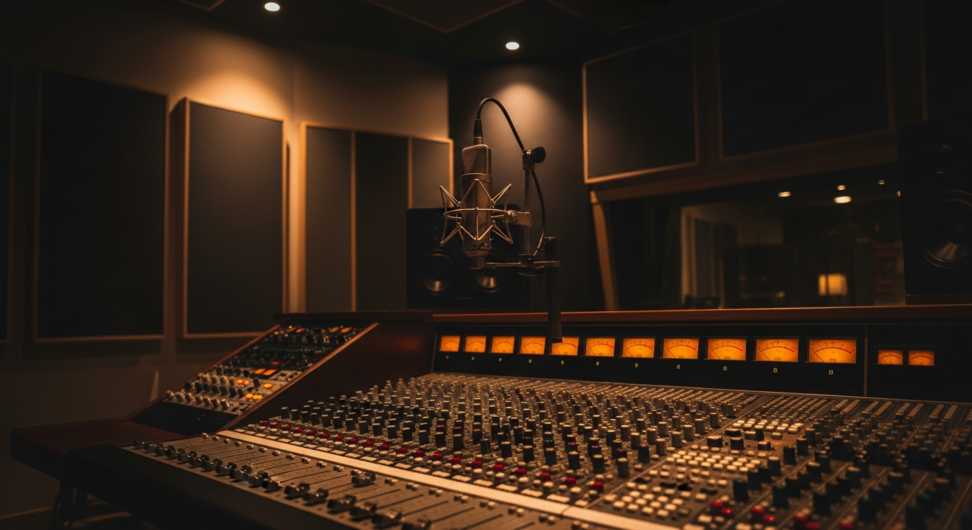 Professional recording studio with vintage microphone and mixing console