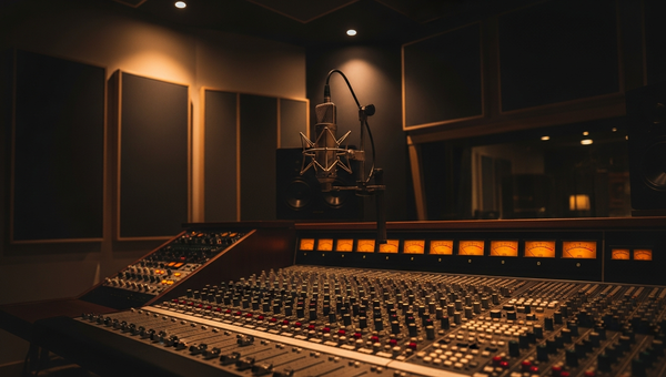 Professional recording studio with vintage microphone and mixing console