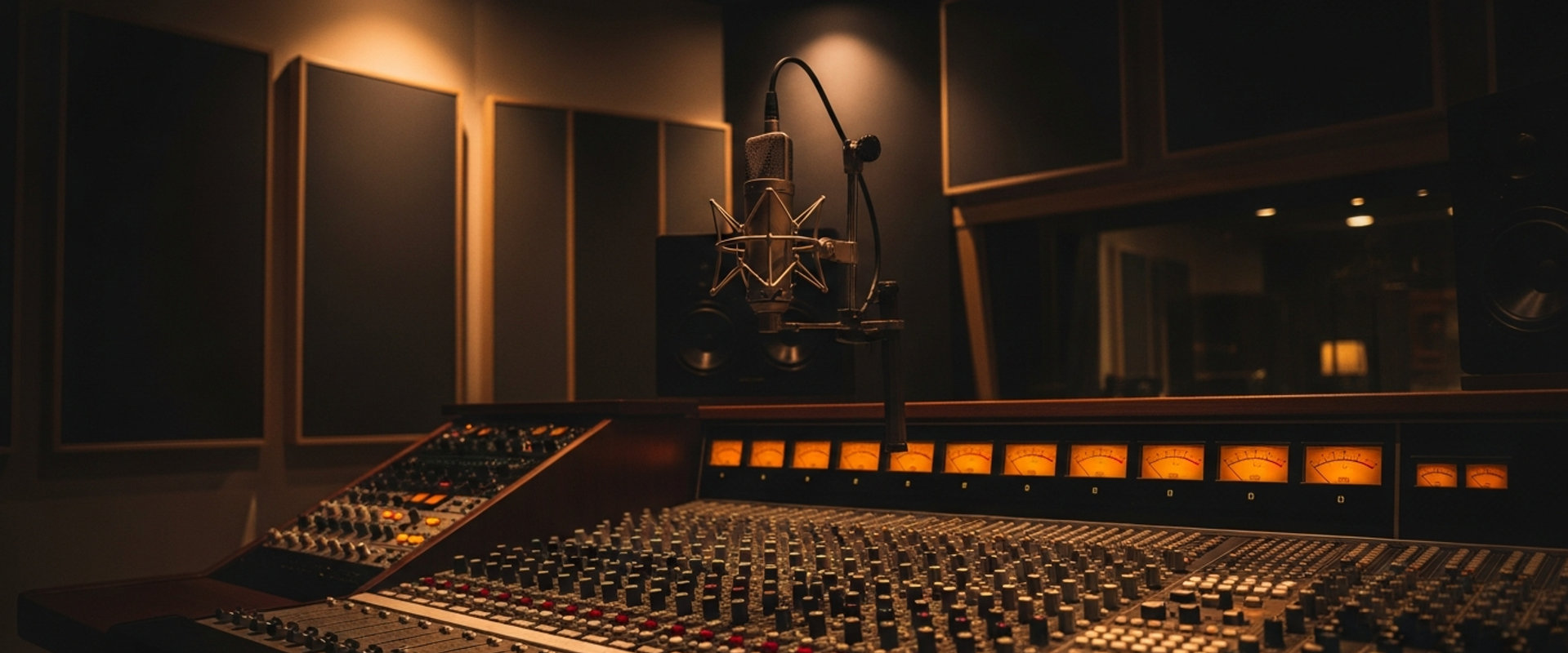 Professional recording studio with vintage microphone and mixing console