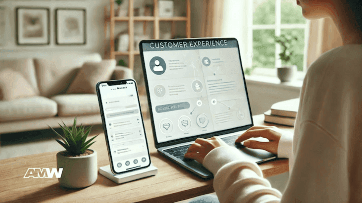 Person working on laptop and phone for customer experience