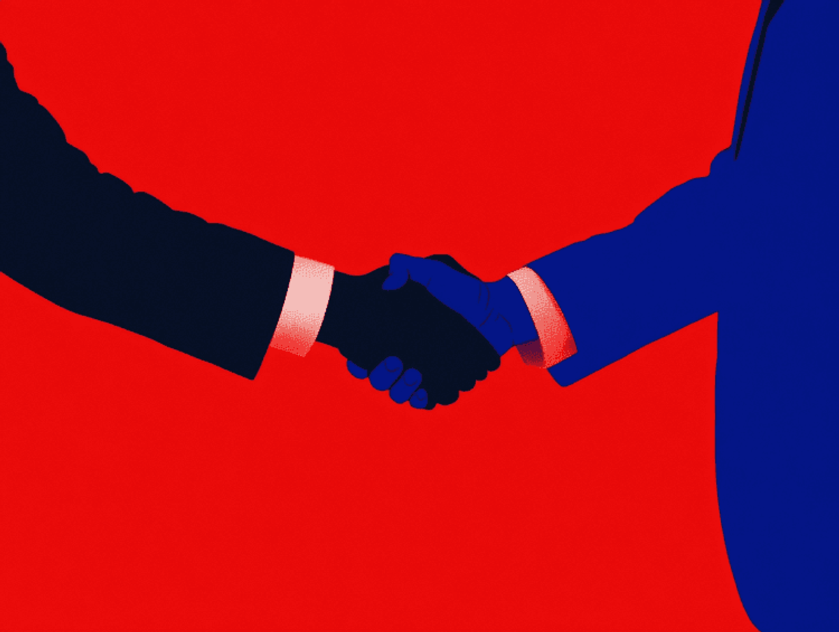Two people shaking hands against red background.