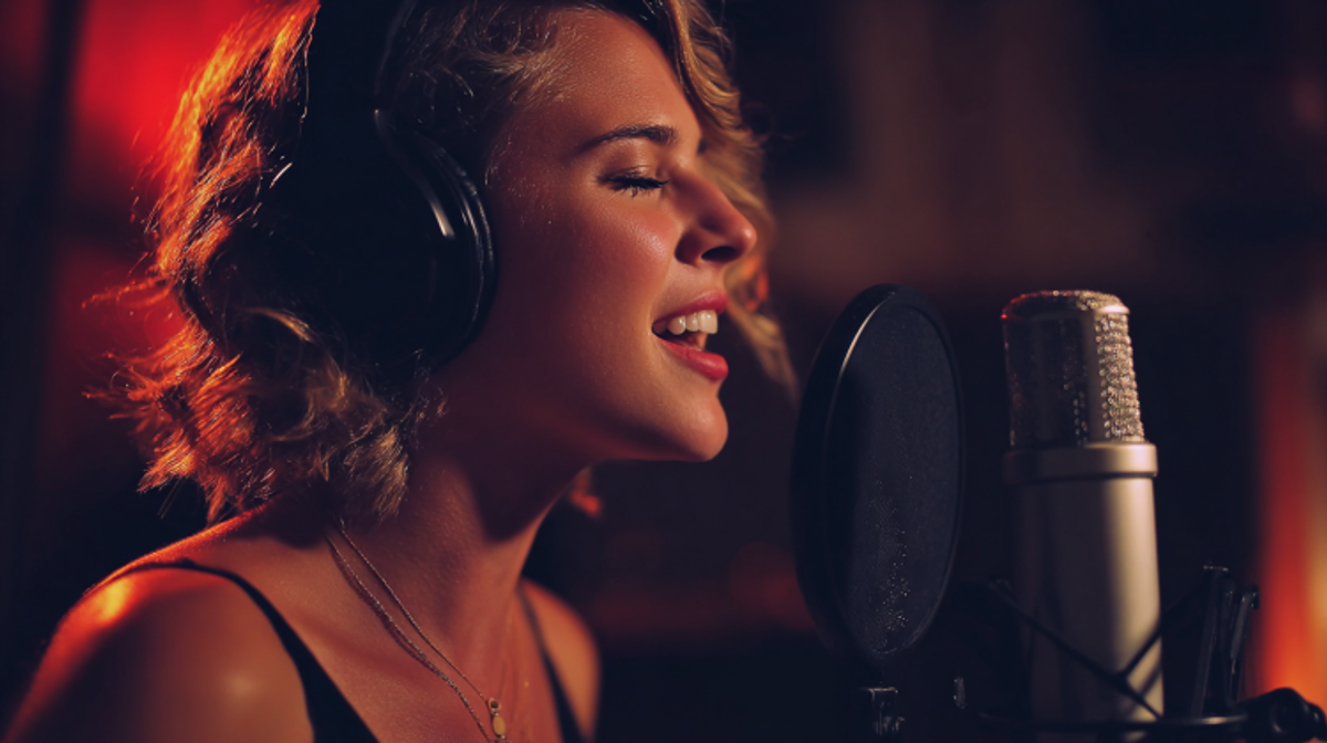 Woman singing into studio microphone