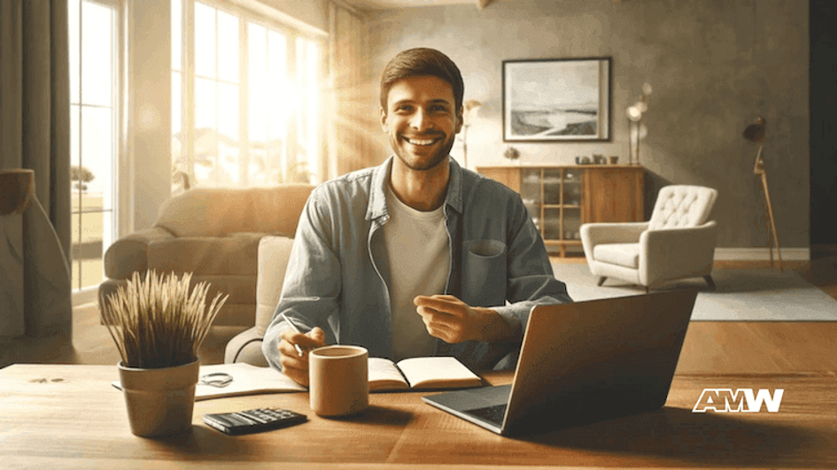 A smiling man at a table with a laptop, an open notebook, a calculator and a mug in a sunlit living room