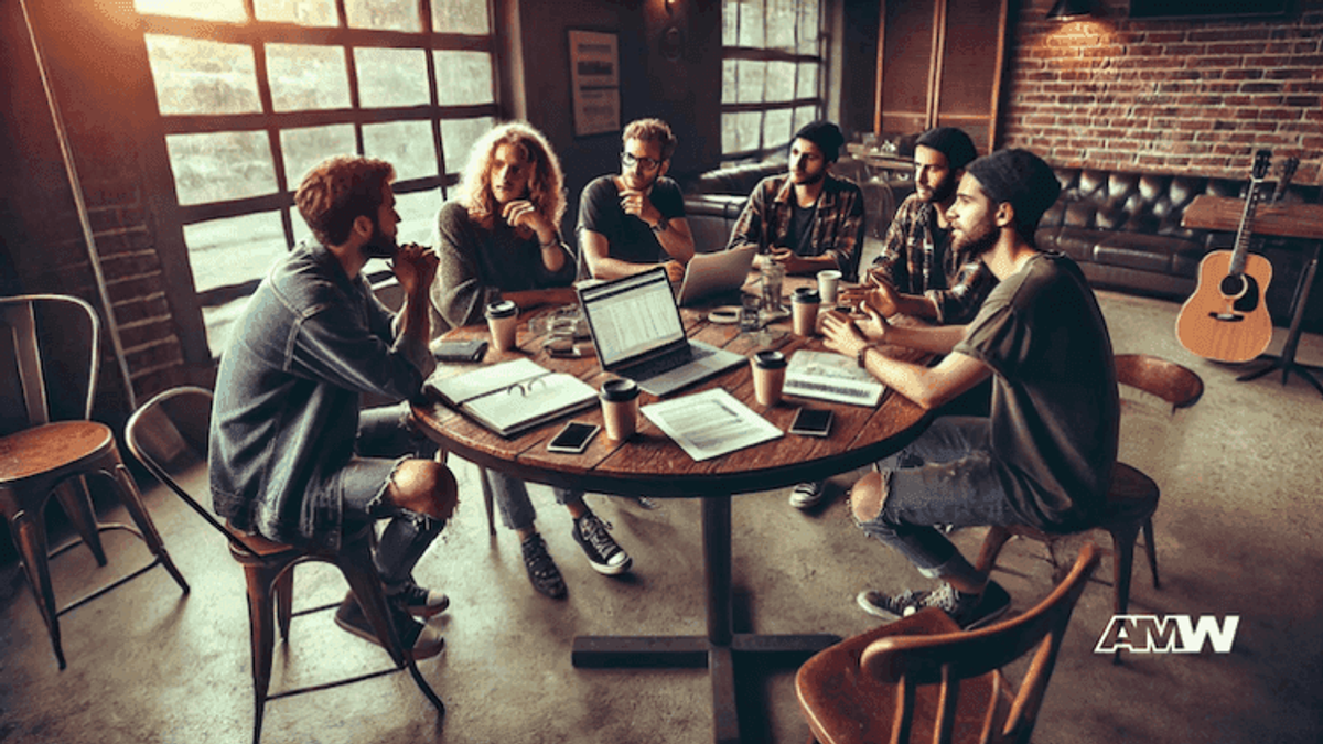 Group meeting with laptops and coffee in cozy room.