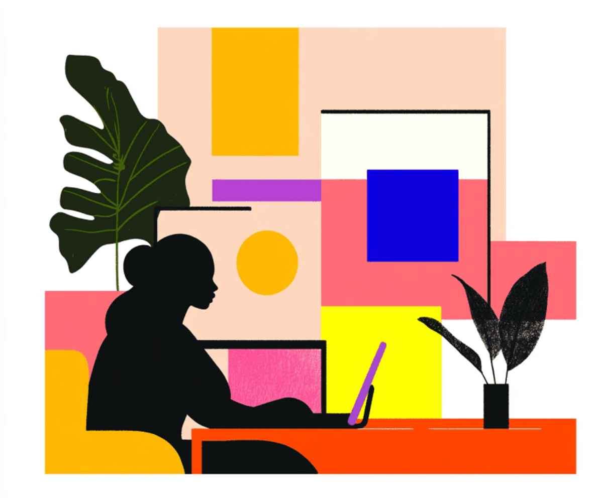 Colorful silhouette woman working on laptop, abstract background