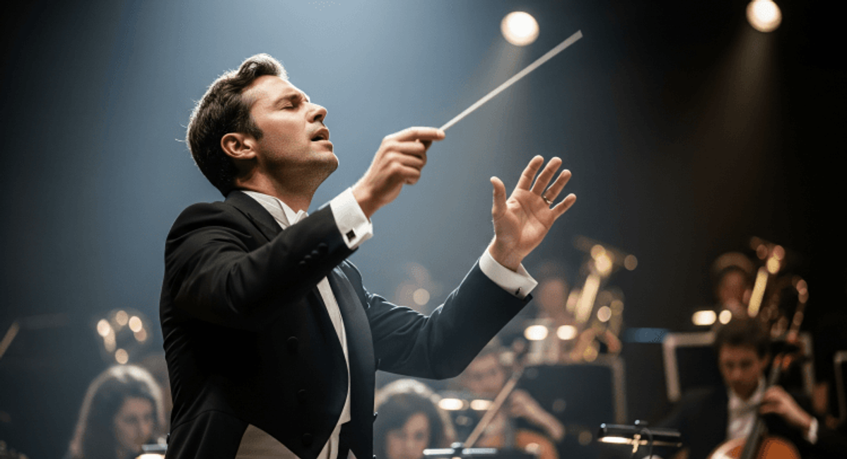 Conductor leading an orchestra during a performance.