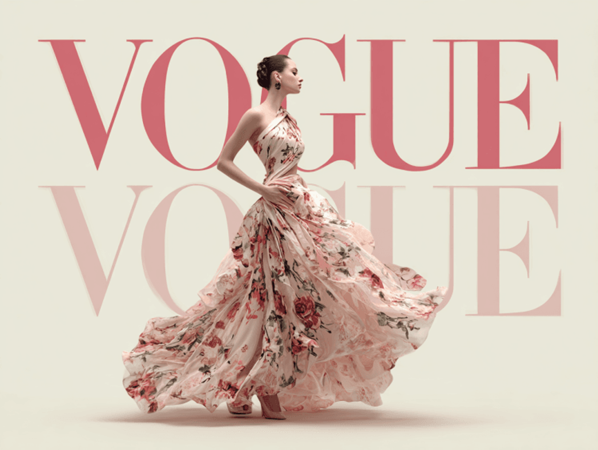 Woman in floral dress on Vogue magazine cover.