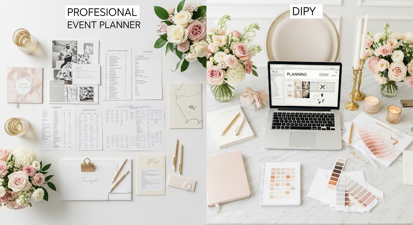 Split view of professional event planner workspace and DIY planning setup with elegant decor