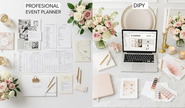 Split view of professional event planner workspace and DIY planning setup with elegant decor