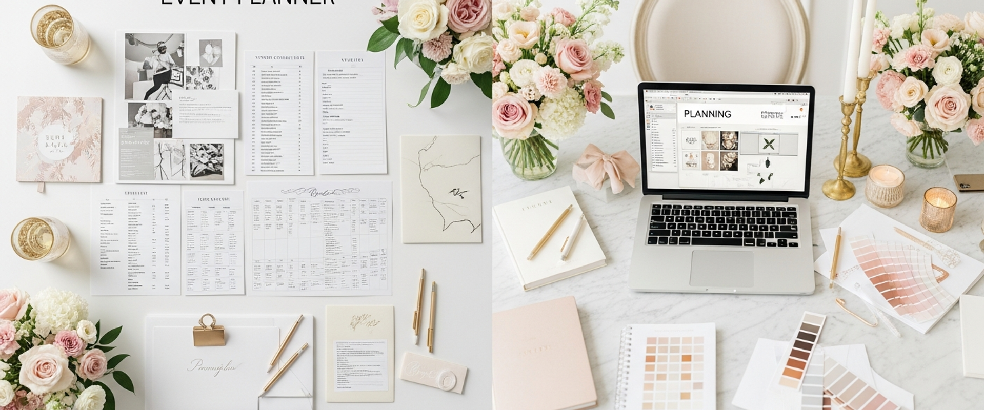 Split view of professional event planner workspace and DIY planning setup with elegant decor