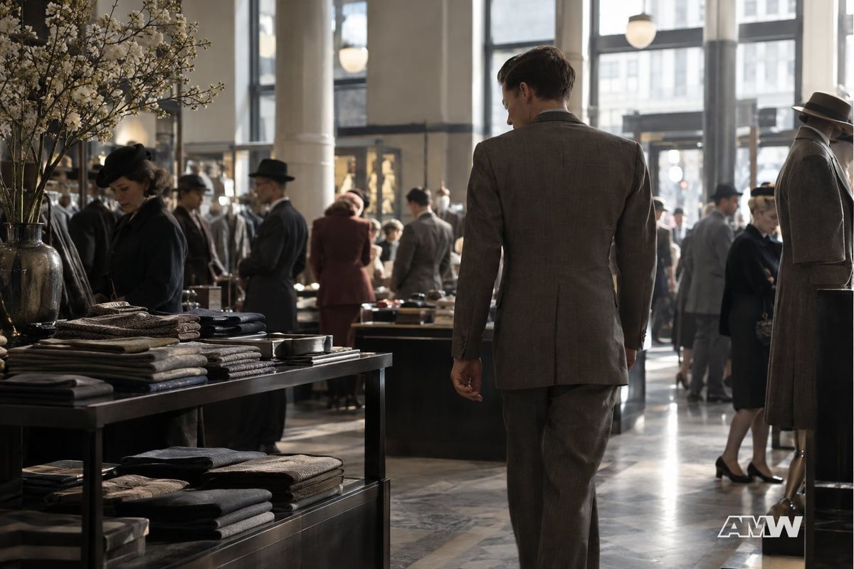 A man in a 1940s suit walks through a sunlit department store past merchandise tables and shoppers.