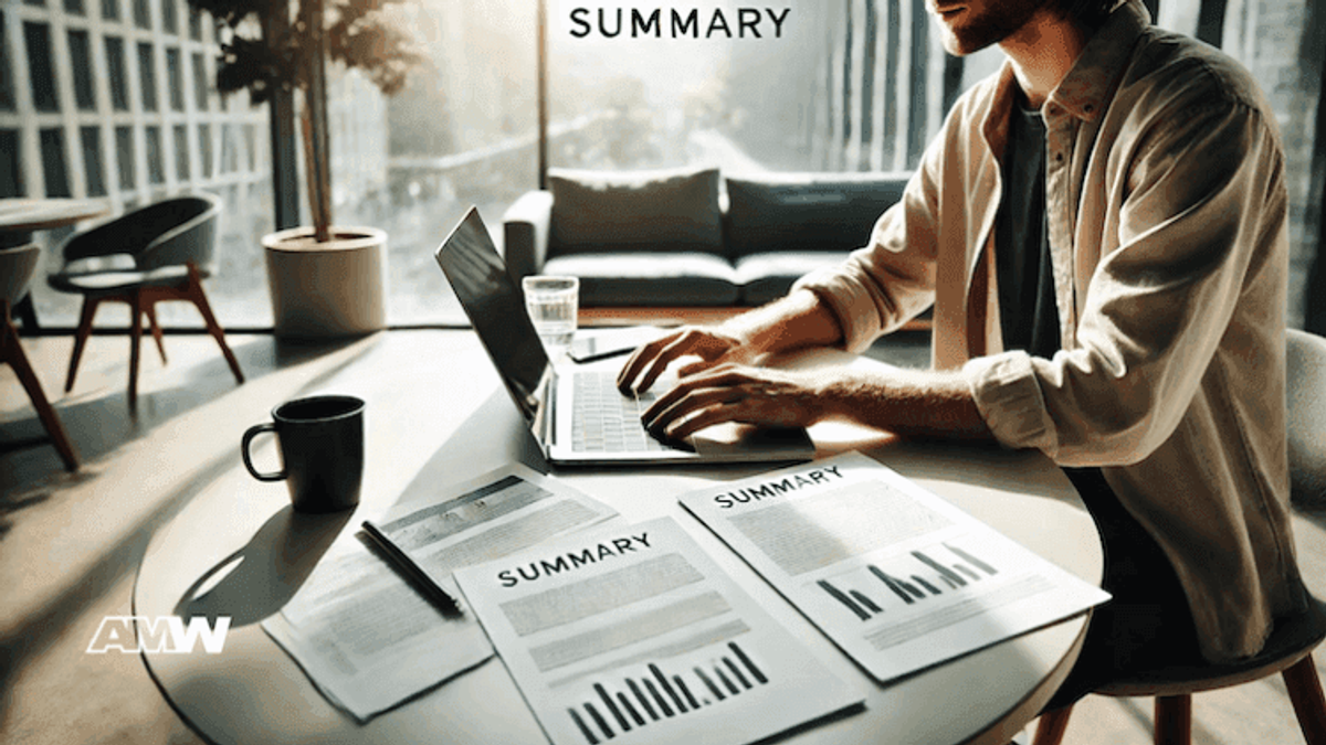 Person working on laptop with summary reports