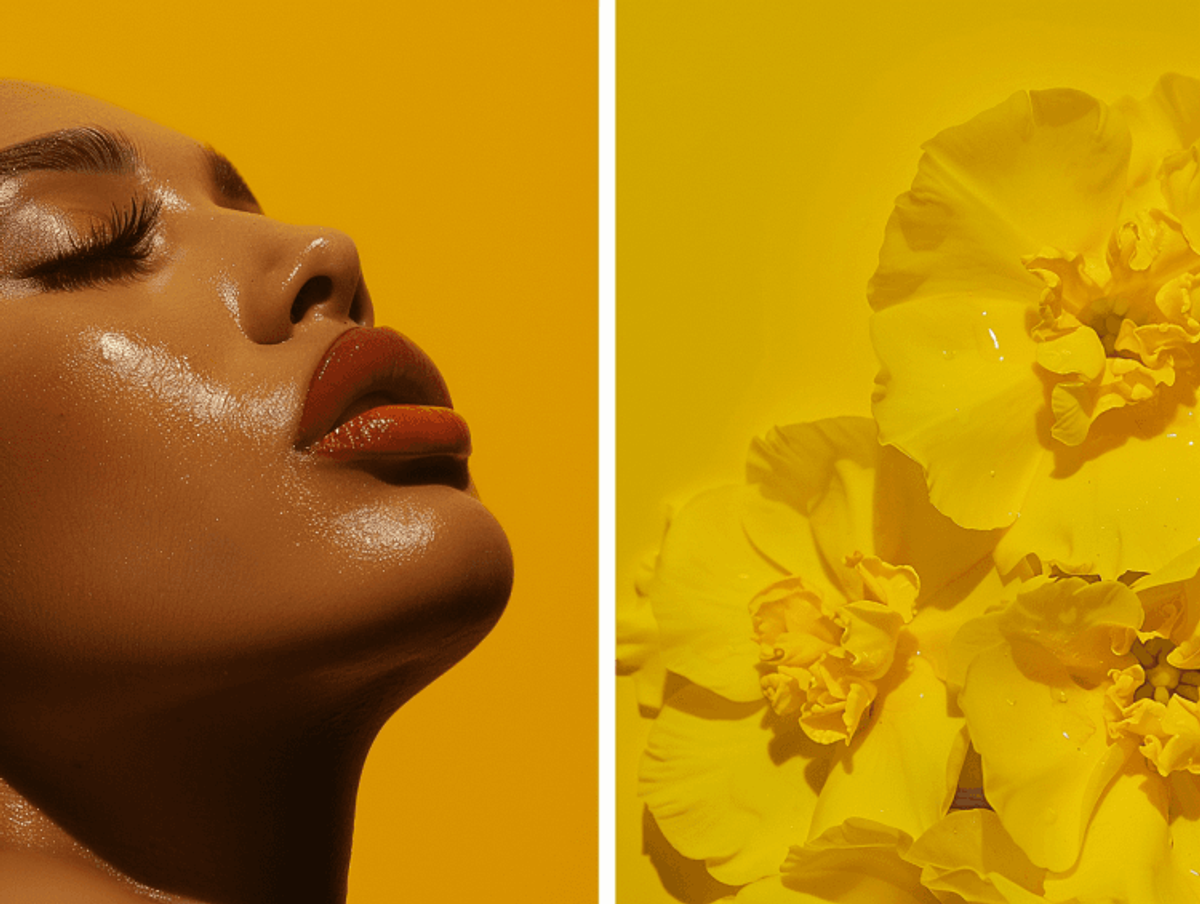 Side profile of woman and yellow flower close-up