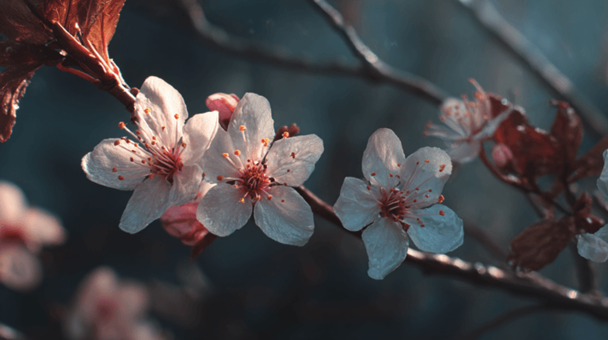 Close-up of delicate cherry blossoms with branches.