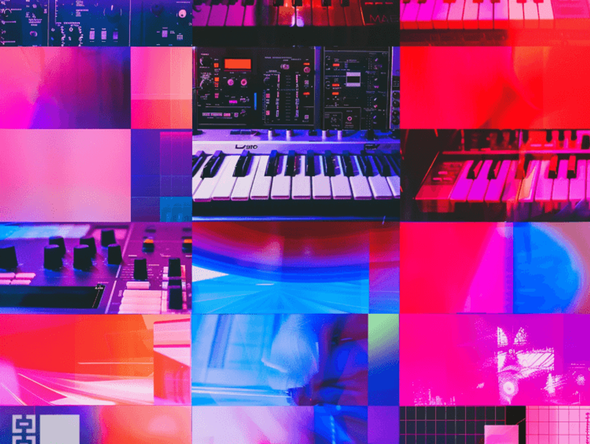 Colorful synthesizer and abstract digital textures collage.