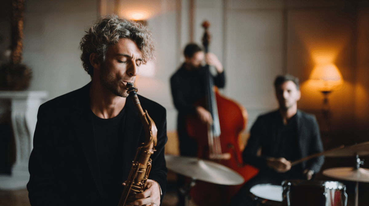 Jazz trio performing with saxophone, double bass, drums.