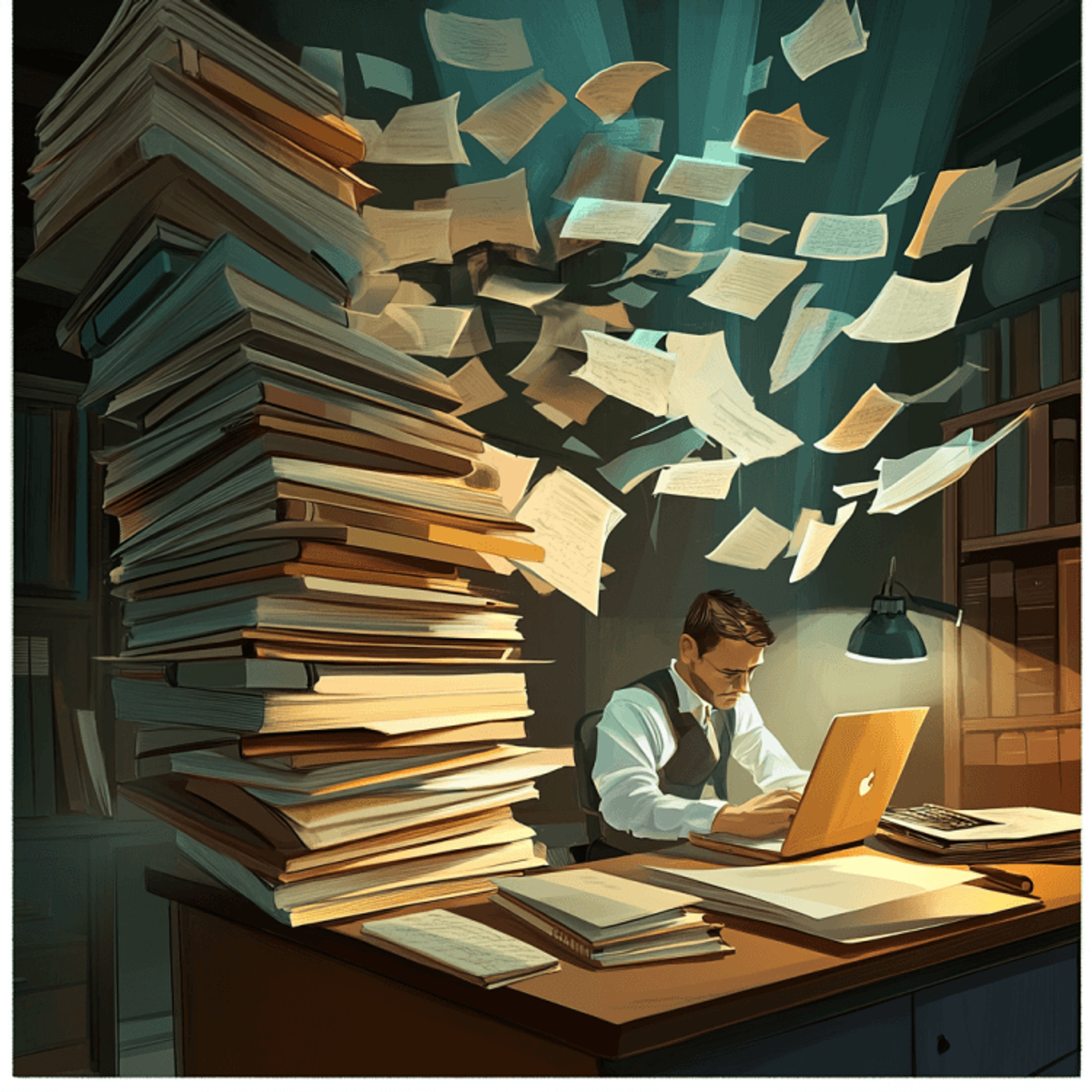 Man working at desk with flying papers.