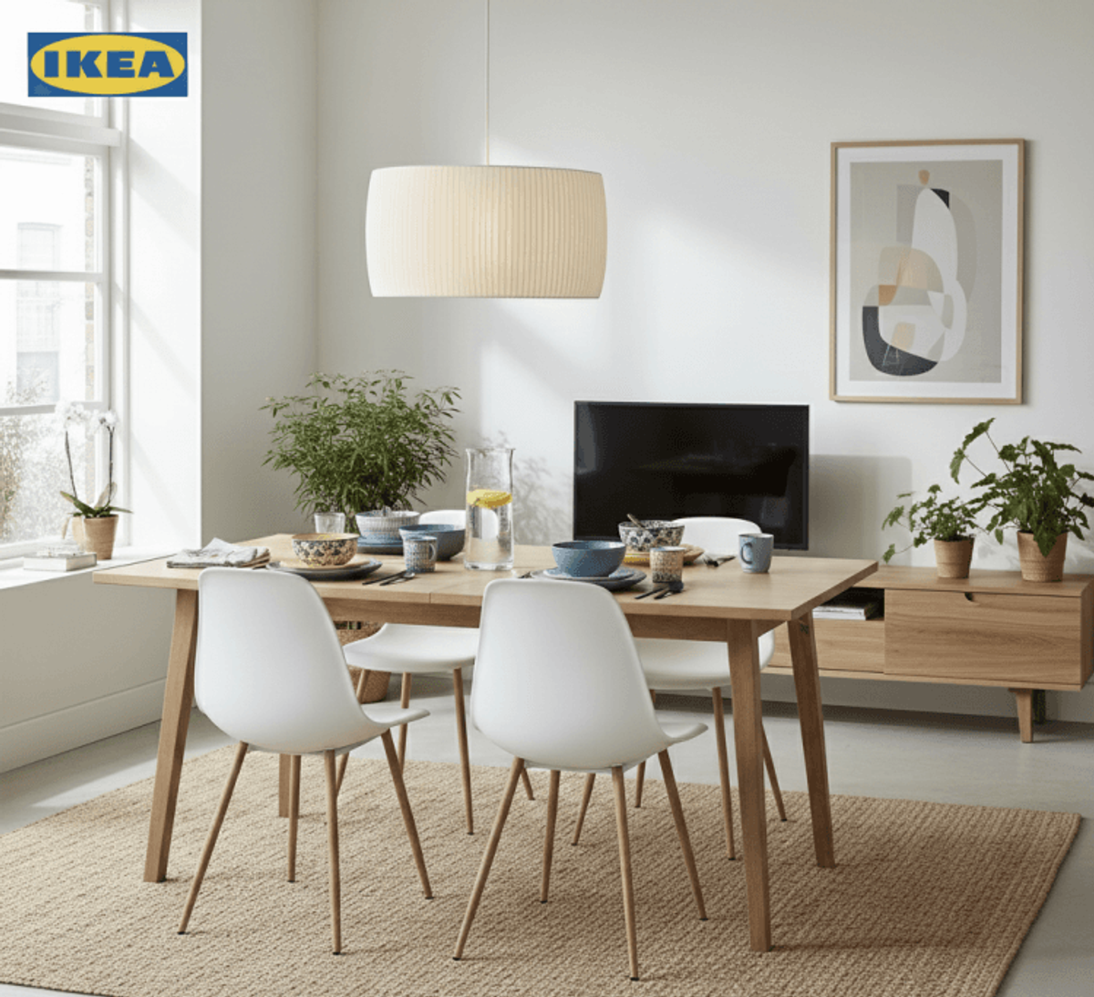 Modern dining room with wooden furniture and plants
