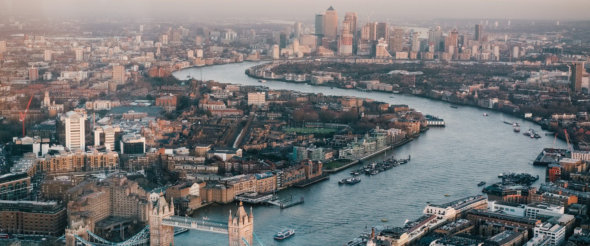 London UK skyline with Tower Bridge at dusk