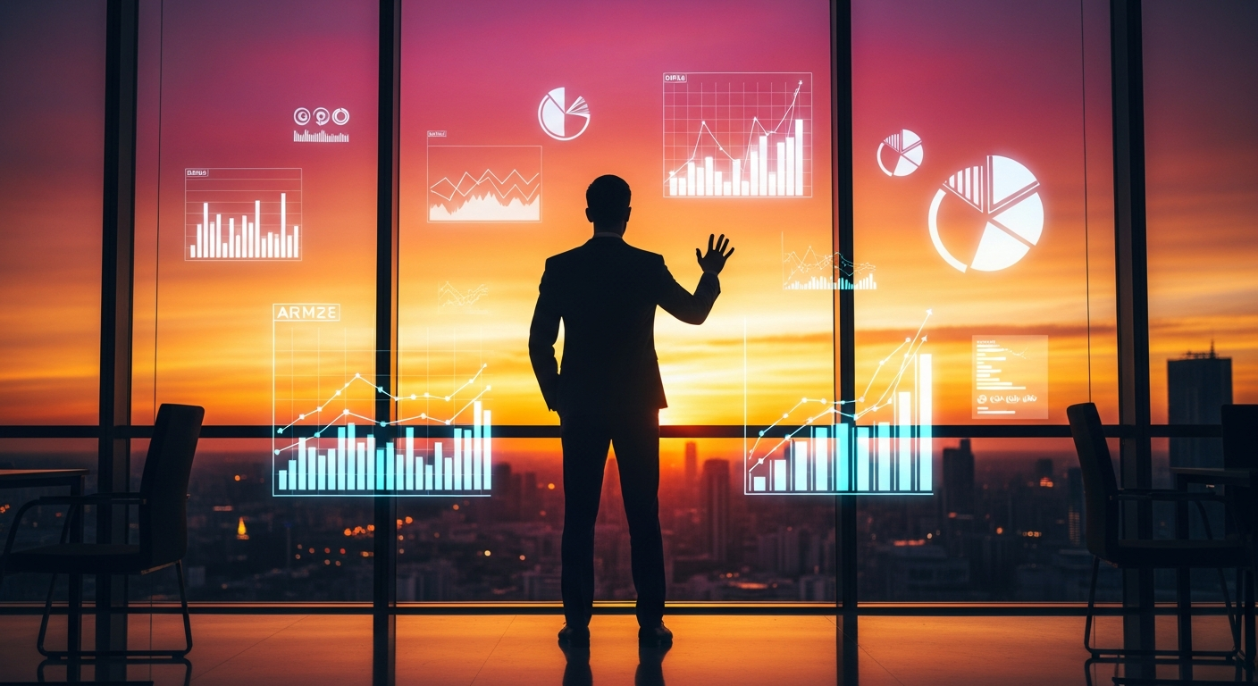 Marketing analyst silhouette against sunset with data visualization overlay