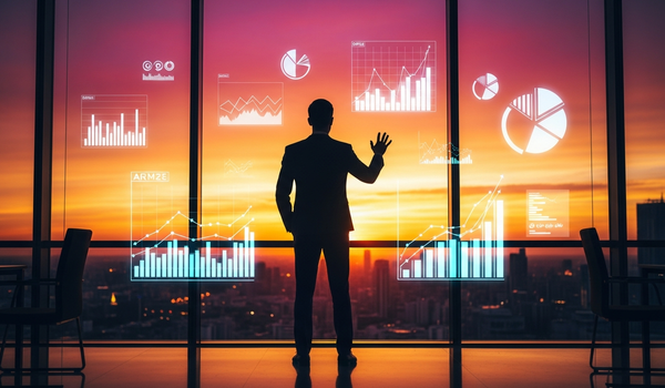 Marketing analyst silhouette against sunset with data visualization overlay