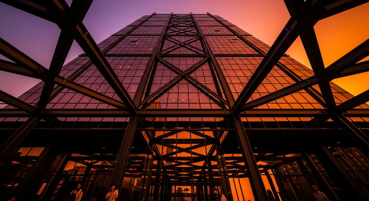 Modern glass skyscraper reflecting vivid orange sunset with bold geometric architectural lines