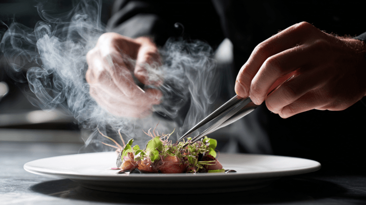 Chef garnishes dish with fresh greens and smoke.