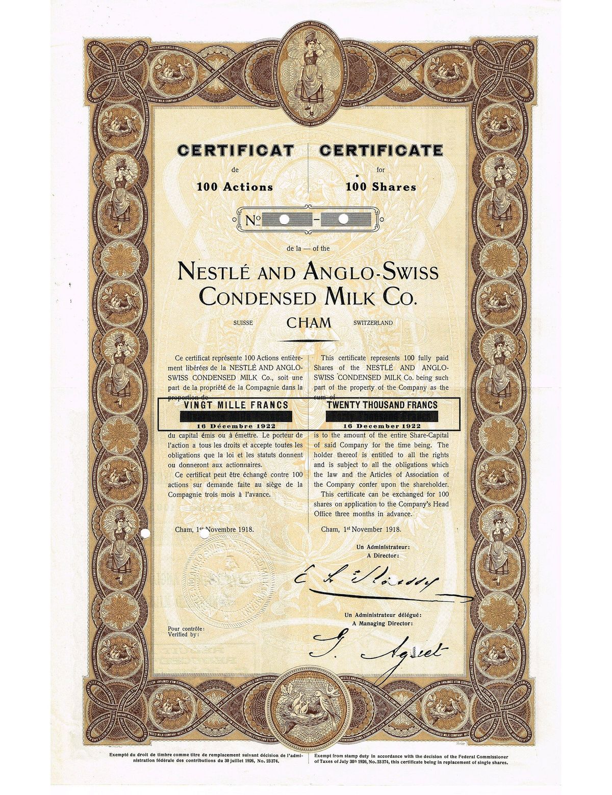 An ornate brown and cream share certificate for 100 shares of the Nestlé and Anglo-Swiss Condensed Milk Co., Cham, printed in French and English
