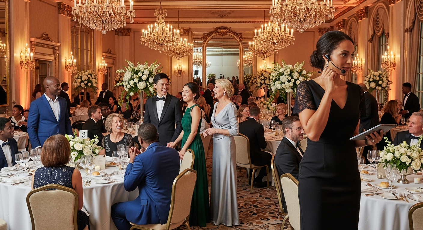 Elegant ballroom prepared for a gala event with crystal chandeliers and ambient lighting