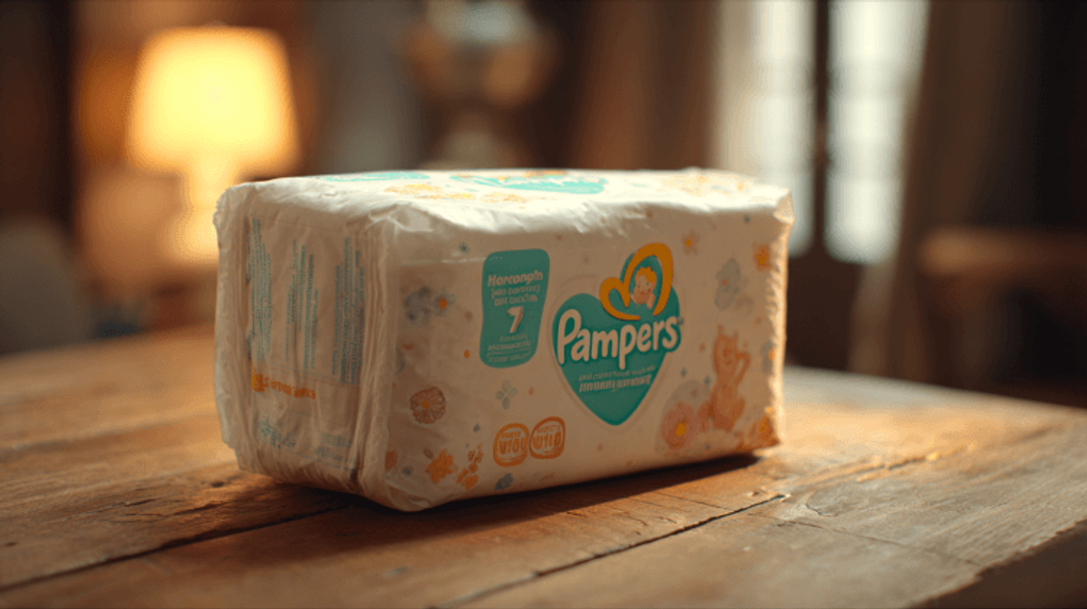 Pampers diaper pack on wooden table.