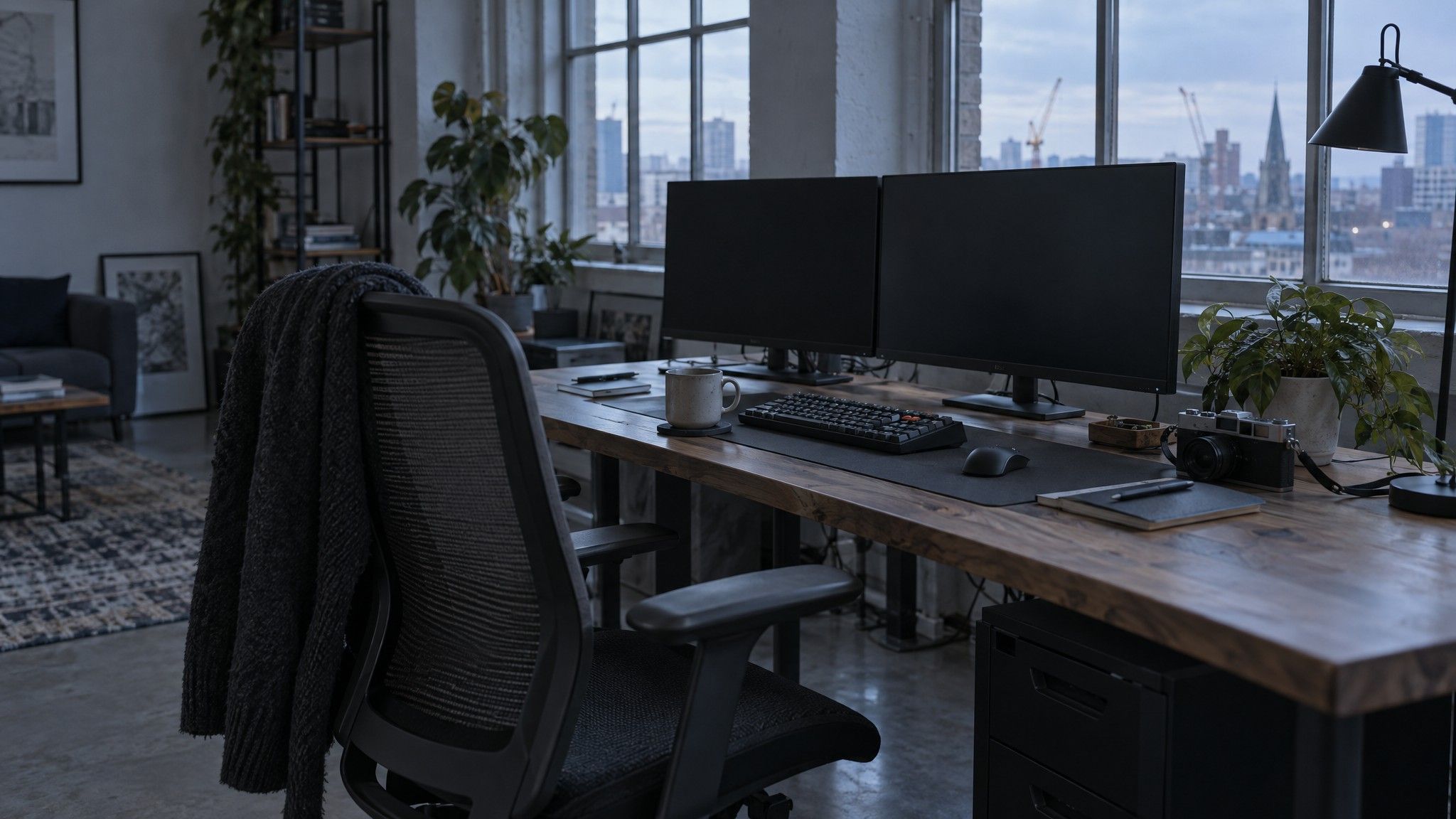 Agency desk at dawn with dark monitors, keyboard and coffee cup