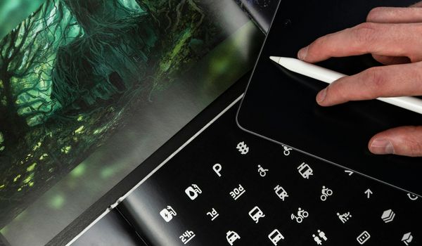 Brand design workspace with color swatches, typography samples, and brand materials