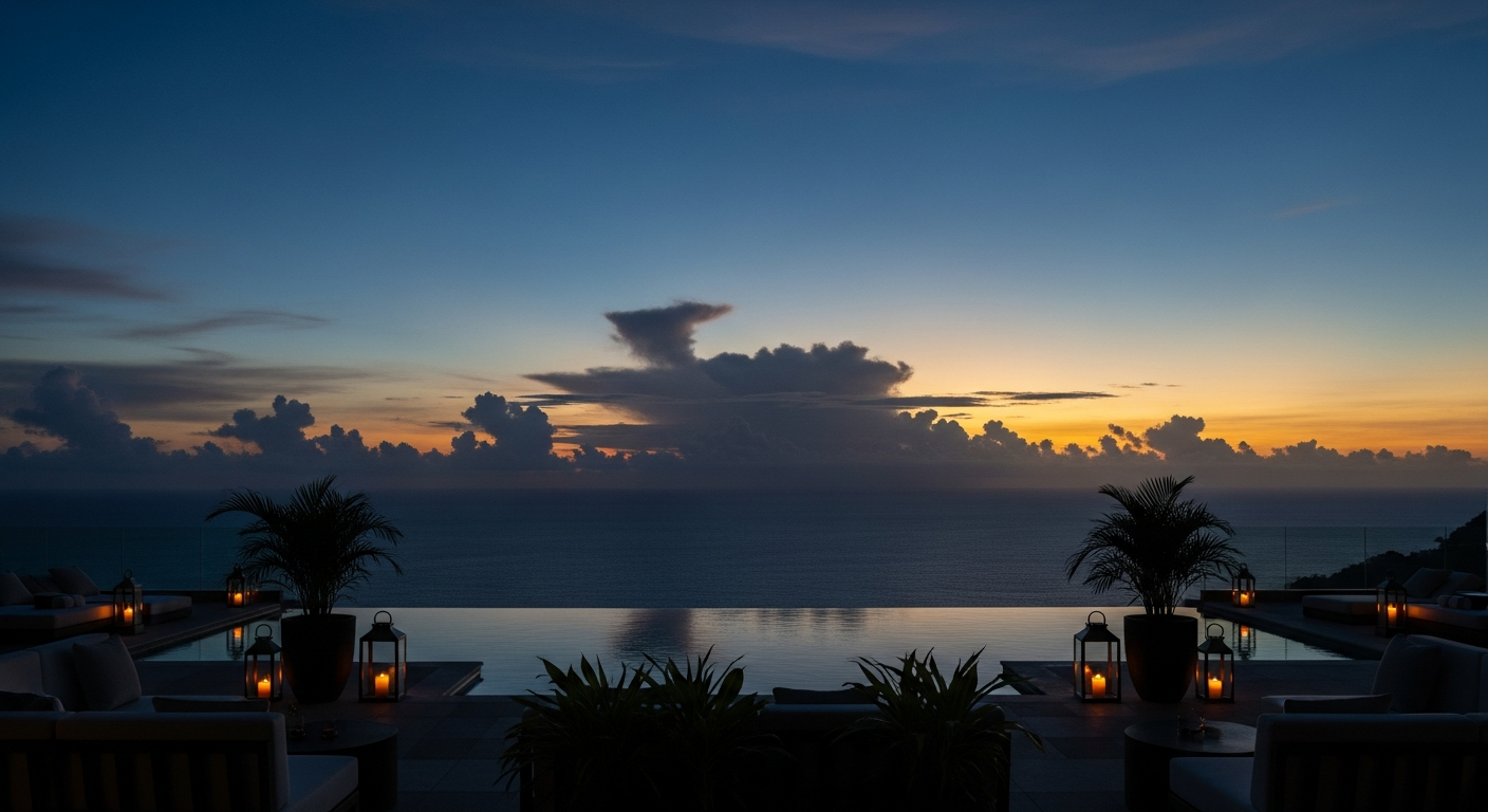 Luxury resort terrace overlooking ocean at dusk