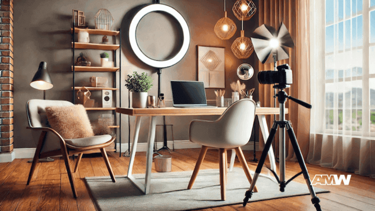 Modern home office with photography equipment.