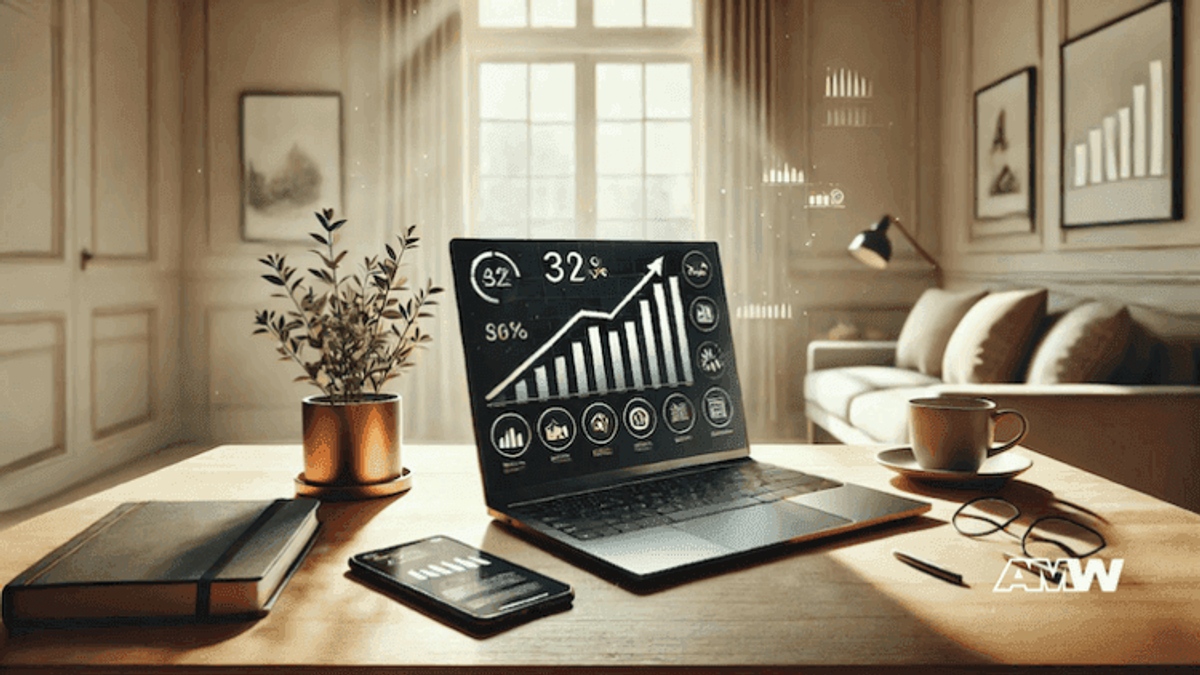 Modern home office with laptop and coffee.