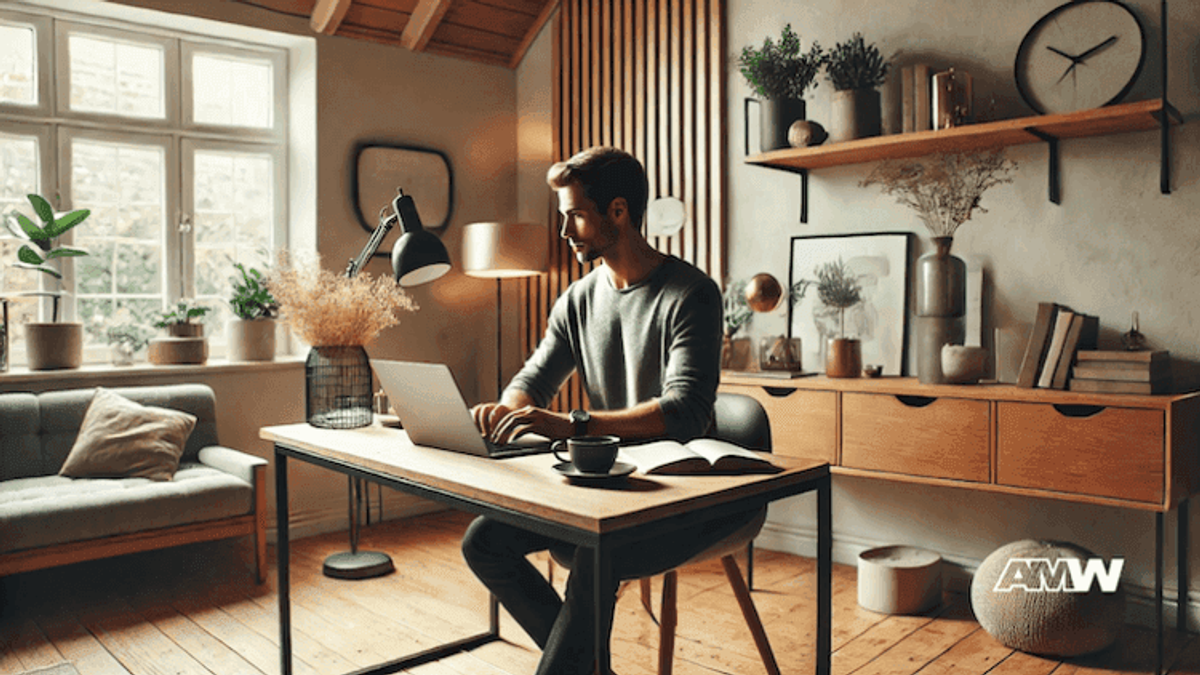 Man working at a desk in a home office.