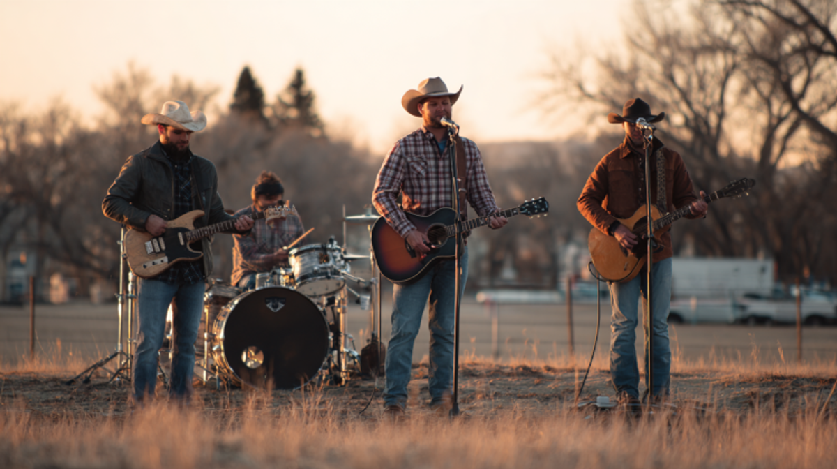 Country band playing outdoors at sunset