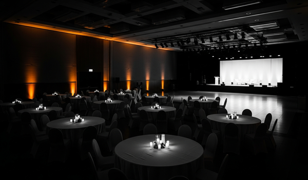 Elegant corporate event venue with stage and dramatic lighting at dusk