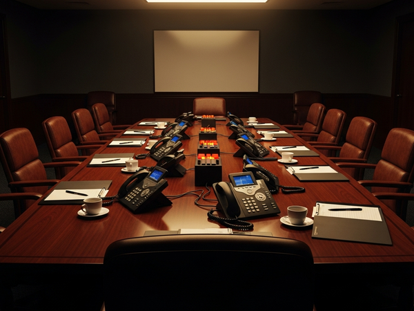Crisis PR services - executive war room with conference table and communications equipment