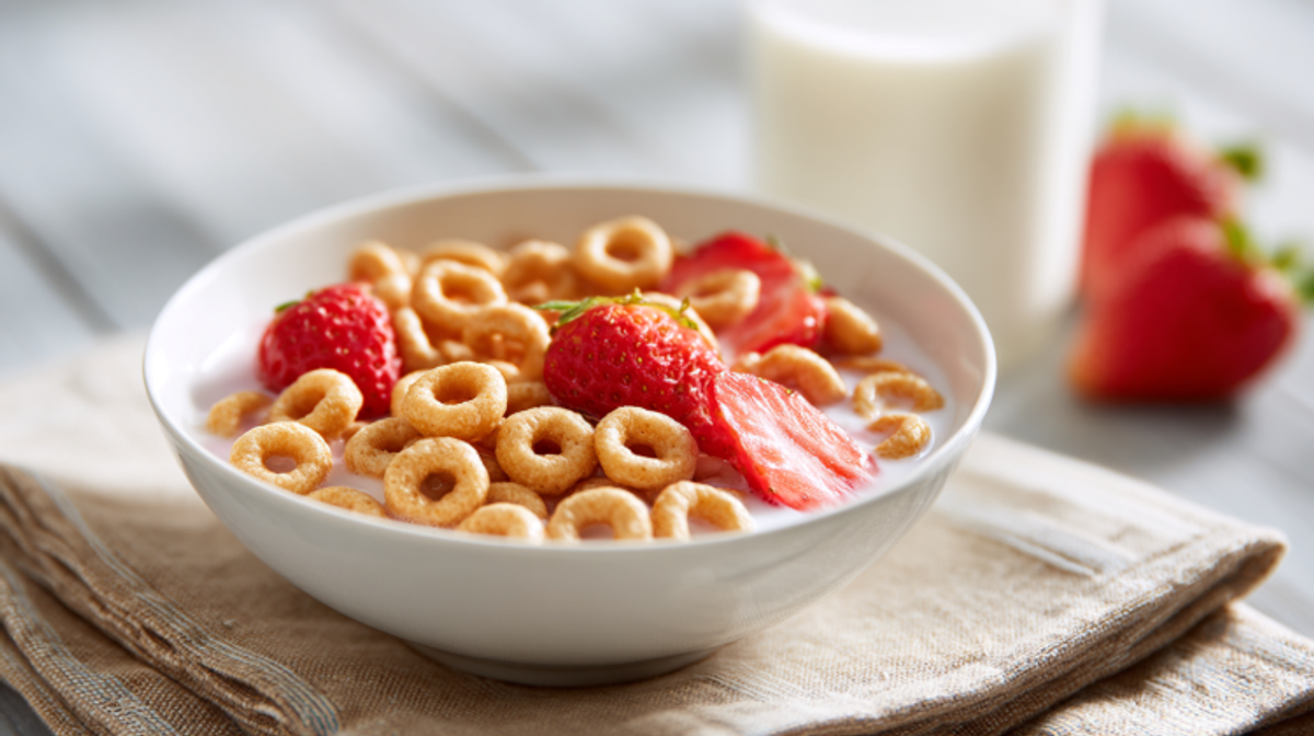 Cereal with strawberries and milk in white bowl.