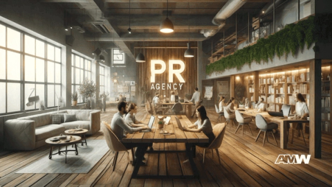 An open-plan office with a lit PR AGENCY sign on the wall, people working at wooden tables and a lounge area with bookshelves behind them.