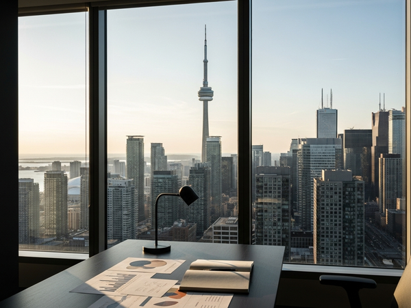 Downtown content marketing office with Toronto CN Tower view