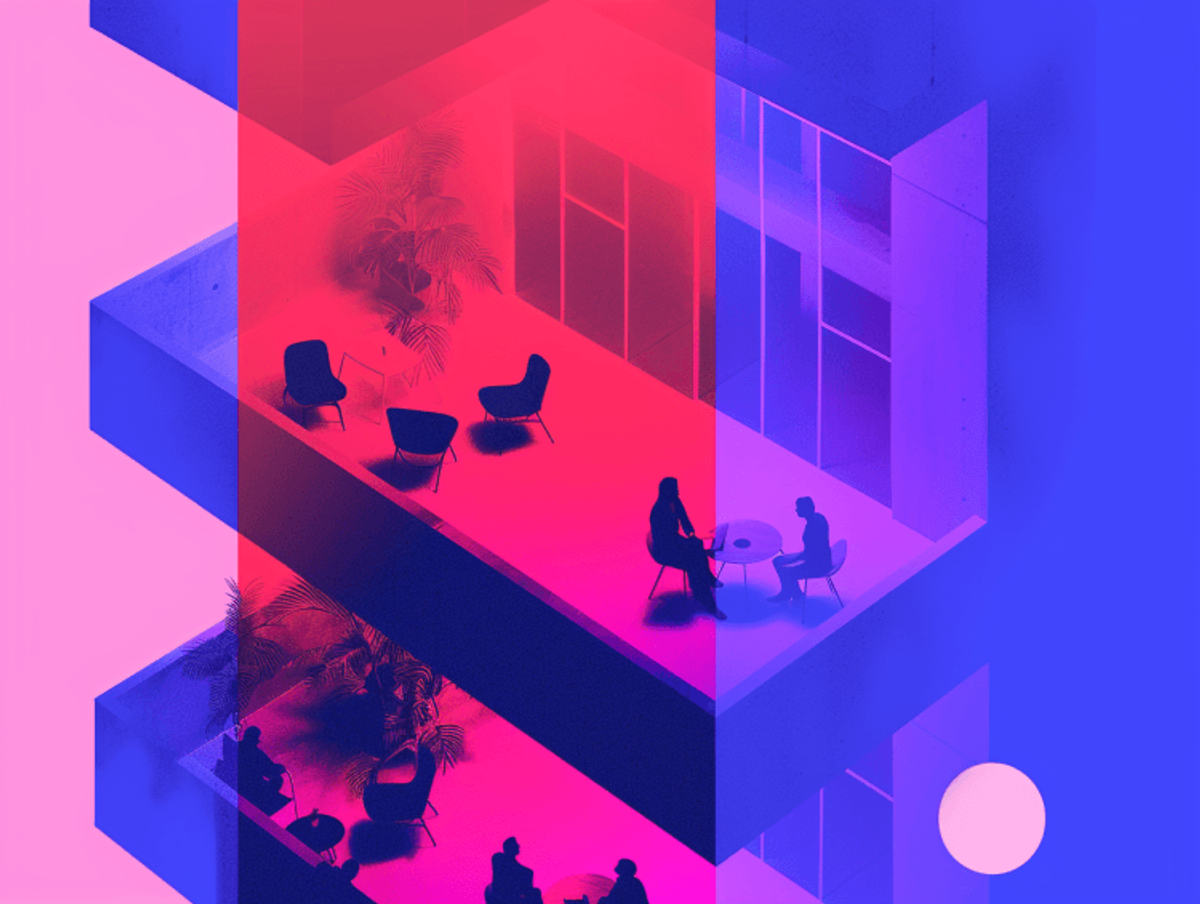 Stylish, abstract colorful seating area with silhouettes.