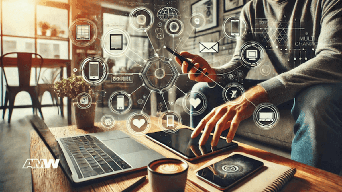 Person using technology devices for digital network connection.