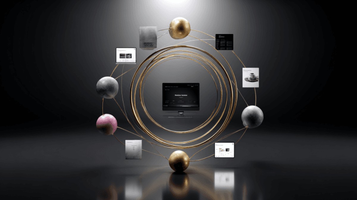 Futuristic display with gold rings and sphere icons.